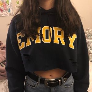 Long sleeve cropped distressed sweatshirt w/ hood